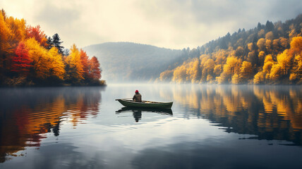 Canvas Print - colorful autumn landscape with boat and lake