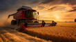combine harvester working in wheat field at sunset.