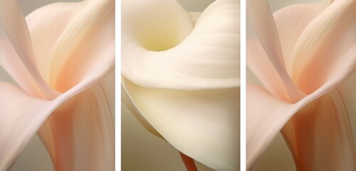 Wall Mural - Extreme close-up of delicate flower three folded petals, gentle pastel dark yelish and muted blush lime, in the style of botanical photography, depth of field, serene visuals, minimalistic simplicity,