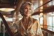 Attractive mature elegant woman tourist on big cruise liner
