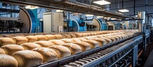 In The State-of-the-art Bakery Plant, The Production Line Efficiently Processes Fresh Wheat Grain Into White Loaves Of Bread On The Automated Conveyor System, Ensuring Continuous Flow Of Food Within