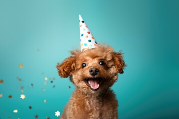 Sticker - A dog wearing a party hat on a blue background. Generative AI.