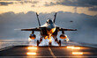 Fighter Plane at Sunrise. Military aircraft carrier ship with fighter jets take off during a special operation at air force support at war zone. airforce. Generative ai
