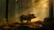 Big wild boar in forest, sunrise light