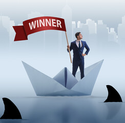 Wall Mural - Businessman riding paper boat ship in winning concept