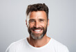 © kdcreativeaivisions - a closeup photo portrait of a handsome man smiling with clean teeth. used for a dental ad. guy with fresh stylish hair and beard with strong jawline. isolated on white background.
