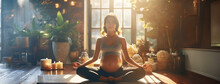 Beautiful Asian pregnant woman expectant mother meditates while sitting on yoga mat at home.