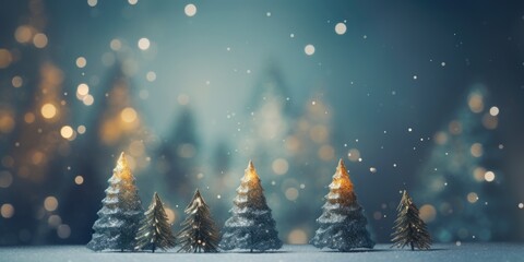 Wall Mural - Abstract Christmas trees bokeh background. Festive holiday fir trees x-mas snowy landscape. Winter sparkles with ornament decorations