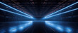 Panoramic dark garage background, perspective of studio as hangar with led neon lighting. Modern design of large empty room, abstract space interior. Concept of show, industry, warehouse
