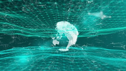 Poster - Abstract Tech Earth Globalization in 3d Motion Graphic. Concept Transmit Ai Networking on Fiber Optic. Transfer 5g Web Communications Signal on Worldwide. Global Business Dots on Rotating Blue Planet