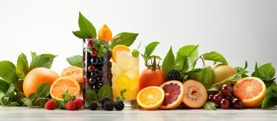 Wall Mural - On a white isolated background, a table is adorned with a variety of vibrant and healthy summer food. Luscious green leaves, tropical fruits in black, orange, and white, and a refreshing cocktail in a