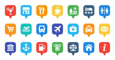 Poster - Location map marker icon set. Map pin of restaurant, coffee, park, hotel, airport, bus station and more. Vector illustration.