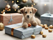 Ein süßer Hund bewacht die Geschenke vor dem Weihnachtsbaum