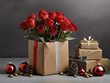 Geschenk gefüllt mit einem Blumenstrauß aus Rosen. Alle Rosen sind rote Blumen und teil des Geschenks