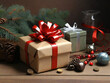 Zwei Weihnachtsgeschenke vor einem Tannenzweig mit schönen Schleißen und Weihnachtsdekoration