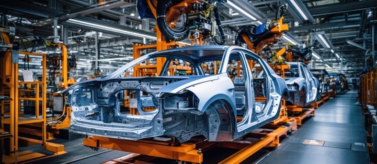 Poster - In a vast and bustling factory, the Mechanical Engineering team employed cutting-edge Technology to construct the production line of a futuristic plant, where metal was sculpted and shaped into sleek