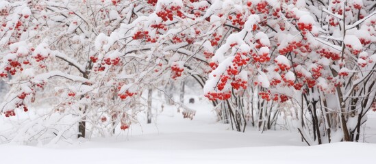 Sticker - In the midst of winter, the sky turned a serene shade of white, as snow blanketed the trees, decorating the landscape with a pristine beauty. Nature revealed its gifts as frozen roses and icy berries