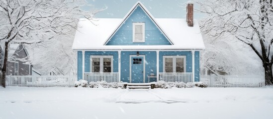 In the midst of winter, a vintage blue house stood tall, its exterior covered in a pristine layer of white snow. The wood board texture added a touch of warmth and nostalgia to the overall design of