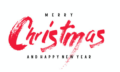 Sticker - Merry Christmas and Happy New Year calligraphy paint brush stroke, Christmas hand drawn lettering. Vector holiday illustration element. 