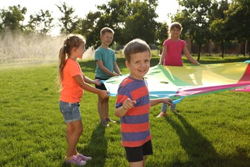 Wall Mural - Group of children playing with rainbow playground parachute on green grass. Summer camp activity