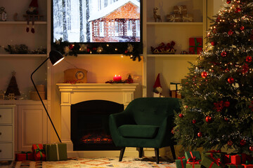 Canvas Print - Living room interior with fireplace, armchair and Christmas decor