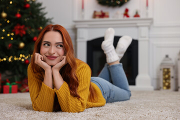 Sticker - Beautiful young woman in room decorated for Christmas