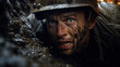 World War solider in foxhole scared and nervous terror muddy and dirty. Concept of Combat Anxiety, Battlefield Fear, Warfare Stress, Trauma of War, Terrifying.