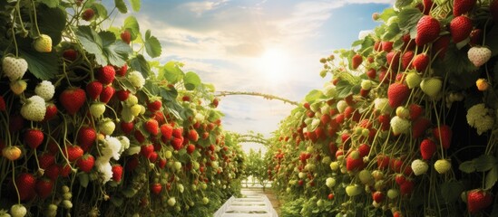 In the midst of the vibrant forest, a white-walled garden thrived with colorful fruits, including red strawberries, drawing health-conscious visitors to its mesmerizing display.