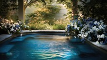 In The Serene Ambiance Of The Spa's Garden, A White Floral Design Surrounded By A Circle Of Blue Flowers Created A Mesmerizing Splash Of Beauty Amidst The Summer Blooms, As Water Gently Trickled From