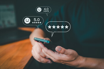 Poster - Customer use a smartphone give point 5 stars and smile face icon for feedback review satisfaction service opinion and testimonial on application. Online customer review satisfaction feedback survey.