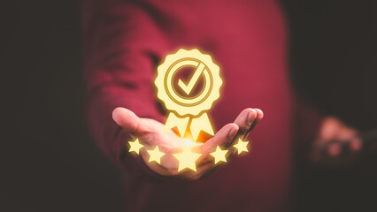 Fototapete - Assessment quality of business service. Male hand showing the best quality guarantee with five stars. Testimonial, Assurance, Standards, ISO Certification, Review, Feedback and Certification Concept.