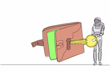 Poster - Continuous one line drawing of astronaut put key into wallet. Money protection and financial security for secure spaceship launching. Cosmonaut outer space. Single line draw design vector illustration