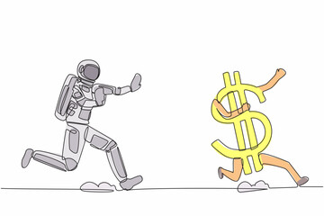 Poster - Single continuous line drawing young astronaut run chasing dollar symbol in moon surface. Investment in space technology development. Cosmonaut deep space. One line design vector graphic illustration