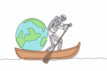 Poster - Continuous one line drawing young astronaut sailing away on boat with globe. Exploration mission journey across planets. Cosmonaut outer space concept. Single line design vector graphic illustration
