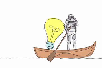 Poster - Single one line drawing young astronaut sailing away on boat with light bulb. Vision and innovation in galactic mission. Cosmic galaxy space concept. Continuous line design graphic vector illustration