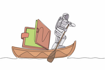 Poster - Continuous one line drawing of young astronaut sailing away on boat with wallet. Problem in space company due to economic crisis. Cosmonaut outer space. Single line design vector graphic illustration