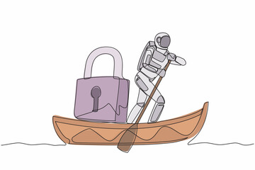 Poster - Single one line drawing astronaut sailing away on boat with padlock. Spaceship launch safety and protection. Cosmic galaxy space concept. Modern continuous line draw design graphic vector illustration