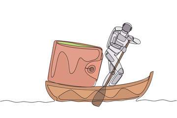 Poster - Single one line drawing young astronaut sailing away on boat with purse. Money management in spaceship company. Cosmic galaxy space concept. Modern continuous line design graphic vector illustration