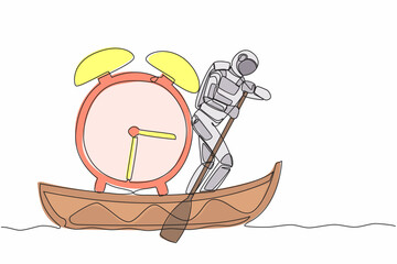 Poster - Continuous one line drawing of young astronaut sailing away on boat with alarm clock. Time management in launch spaceship mission. Cosmonaut outer space. Single line design vector graphic illustration