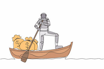 Poster - single one line drawing of young astronaut sailing away on boat with money bag. financial success in