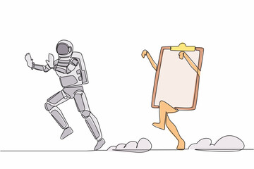 Poster - Continuous one line drawing young astronaut being chased by clipboard. Hurry in finishing checklist space industry sheets document. Cosmonaut outer space. Single line draw design vector illustration