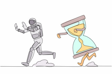 Poster - Single continuous line drawing of young astronaut being chased by hourglass. Afraid with interstellar expedition deadline, depression. Cosmonaut deep space. One line graphic design vector illustration