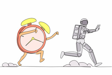 Poster - Continuous one line drawing astronaut being chased by alarm clock. Hurry in expedition deadline project. Running out of working time. Cosmonaut outer space. Single line draw design vector illustration