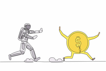 Poster - Single continuous line drawing young astronaut run chase dollar coin in moon surface. Exploration of space that requires large funds. Cosmonaut deep space. One line design vector graphic illustration