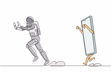 Poster - Single one line drawing young astronaut being chased by smartphone. Afraid to talk with spaceman in other universe. Cosmic galaxy space concept. Continuous line draw graphic design vector illustration