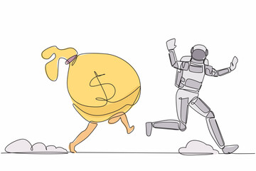 Poster - Continuous one line drawing of young astronaut being chased by money bag. Hurry in achieving wealth and profit goals in spaceship company. Cosmonaut outer space. Single line design vector illustration