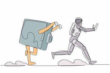 Poster - Single continuous line drawing astronaut being chased by safe deposit box in moon surface. Financial secure system, banking protection. Cosmonaut deep space. One line draw design vector illustration