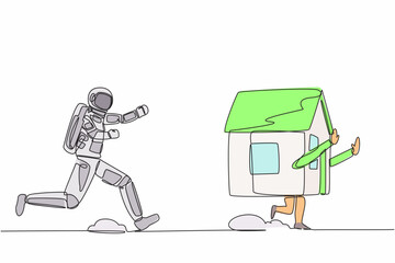 Poster - Single continuous line drawing young astronaut run chasing house in moon surface. Price housing loan in other galaxy or planets. Cosmonaut deep space. One line draw design vector graphic illustration