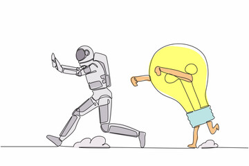 Poster - Single continuous line drawing astronaut being chased by light bulb. Afraid with innovation expedition idea. Spaceship tech industry. Cosmonaut deep space. One line graphic design vector illustration