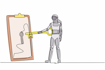 Poster - Single one line drawing of astronaut put big key into clipboard. Digital document or contract for spaceship security protection. Cosmic galaxy space. Continuous line graphic design vector illustration